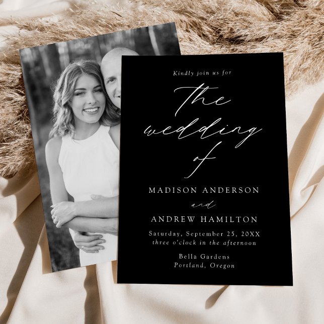 Modern Script Black and White Photo Wedding Invitation (Creator Uploaded)