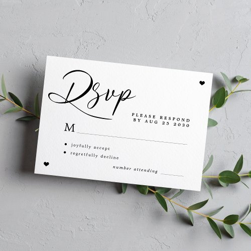 Modern script black and white wedding RSVP card