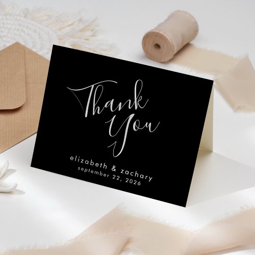 Modern Script Black and White Wedding Thank You Card