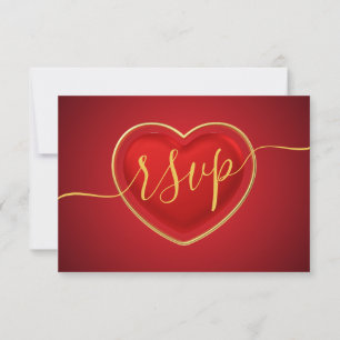 Modern Script Black And White With Red Gold Heart RSVP Card