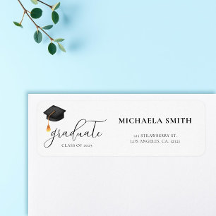 Modern Script Black Cap Graduation Return Address Label