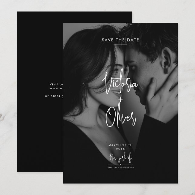 Modern Script Black Editorial Photo Save the Date (Front/Back)