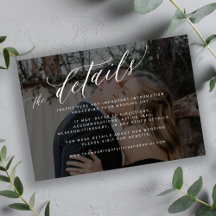 Modern script black faded photo wedding details