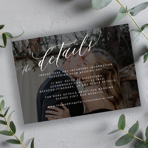 Modern script black faded photo wedding details enclosure card