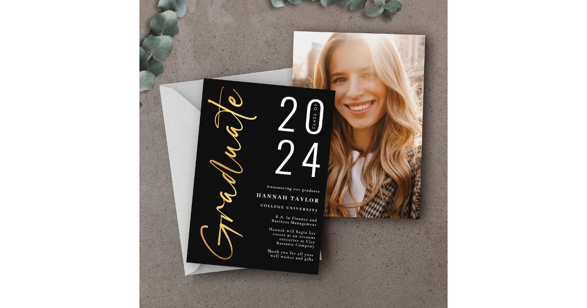Modern Script Black Gold 2024 Photo Graduation Announcement | Zazzle