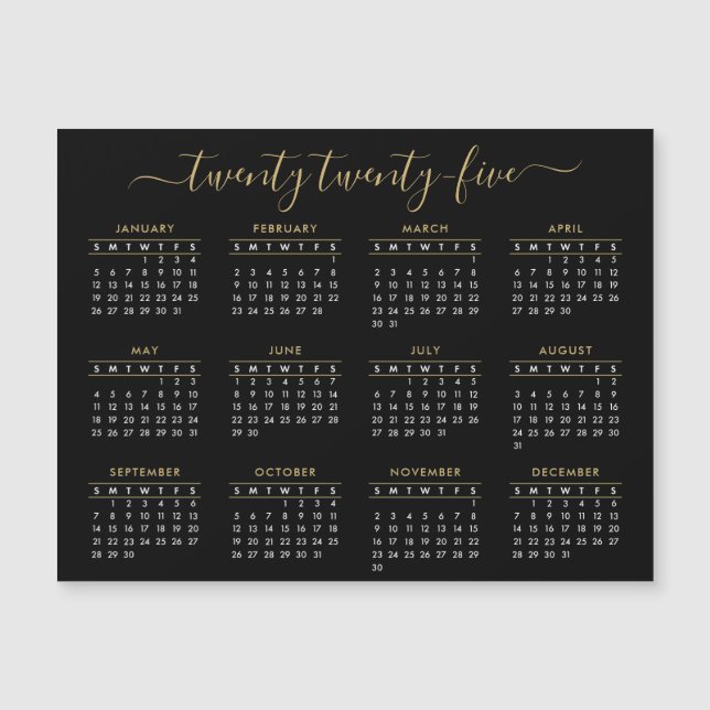 Modern Script Black Gold 2025 Calendar Magnet (Front)