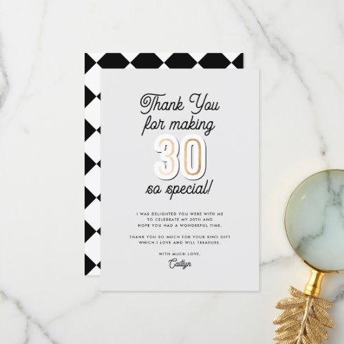 Modern Script Black  Gold 30th Birthday Thank You Card