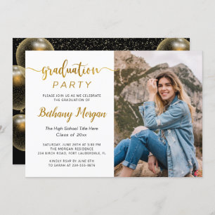 Modern Script Black Gold Balloon Graduation Photo Invitation