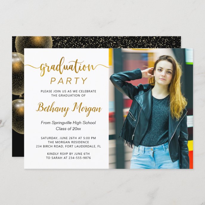 Modern Script Black Gold Balloon Graduation Photo Invitation