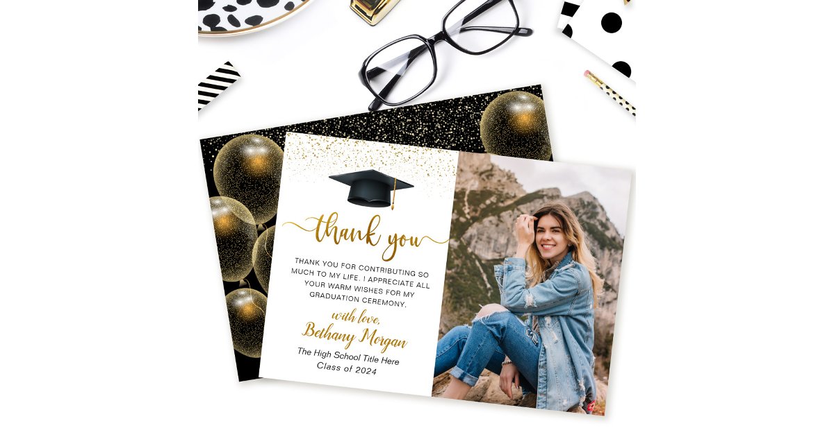 Modern Script Black Gold Balloon Graduation Photo Thank You Card | Zazzle