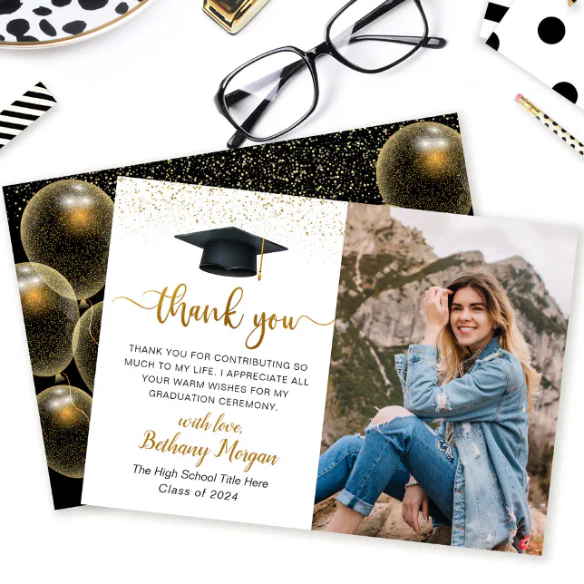 Modern Script Black Gold Balloon Graduation Photo Thank You Card | Zazzle