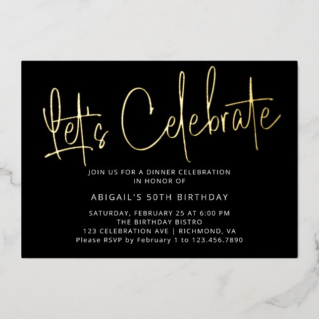 Modern Script Black Gold Birthday Celebrate Party Foil Invitation (Front)