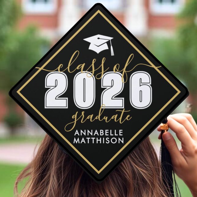 Modern Script Black Gold Graduation Cap Topper (Modern Script Black Gold Graduation Cap Topper)