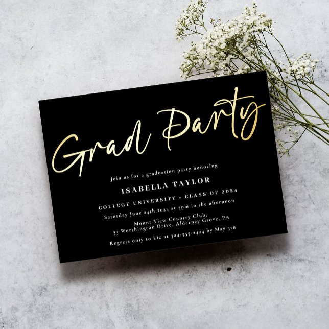 Modern Script Black Gold Graduation Party Foil Invitation (Creator Uploaded)