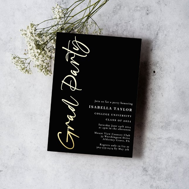 Modern Script Black Gold Graduation Party Foil Invitation (Creator Uploaded)