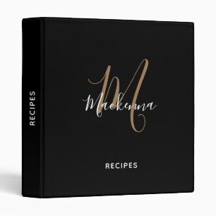 Modern Script Black Gold Monogram Name Recipe 3 Ring Binder