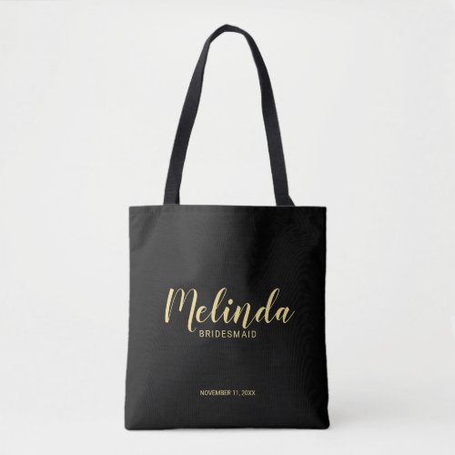 Modern Script BlackGold Personalized Bridesmaids Tote Bag