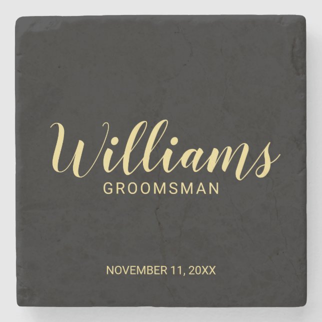Modern Script Black& Gold Personalized Groomsman Stone Coaster (Front)