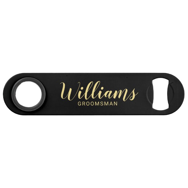 Modern Script Black& Gold Personalized Groomsmen Bar Key (Front (Horizontal))