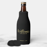 Modern Script Black&Gold Personalized Groomsmen Bottle Cooler<br><div class="desc">Modern Script Personalized Groomsmen Bottle Cooler featuring personalized groomsman's name in gold modern script font style with title and wedding date in modern sans serif font style on black background. Also perfect for Maid of Honor, Flower Girl, Mother of the Bride, Groomsmen, Best man and more. Please Note: The foil...</div>