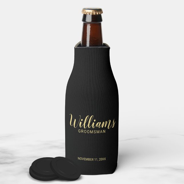 Modern Script Black&Gold Personalized Groomsmen Bottle Cooler (Creator Uploaded)