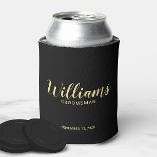 Modern Script Black&Gold Personalized Groomsmen Can Cooler