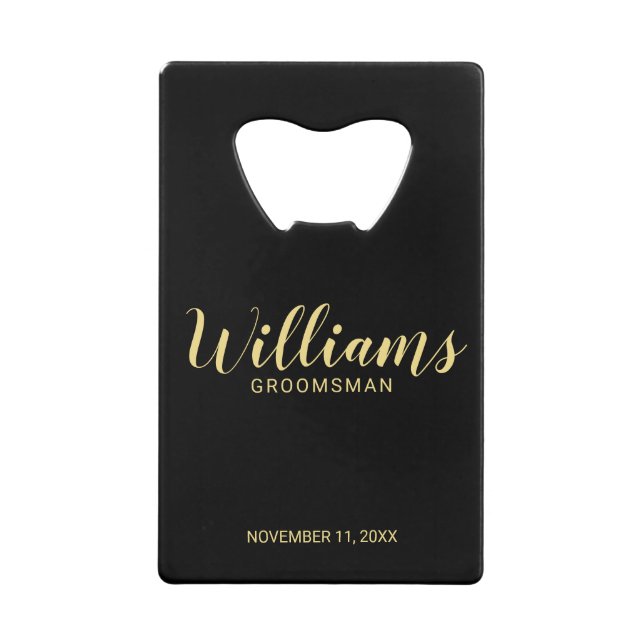 Modern Script Black&Gold Personalized Groomsmen Credit Card Bottle Opener (Front)
