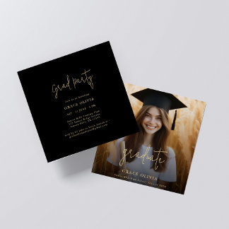 Modern Script Black & Gold Photo Graduation Party Invitation