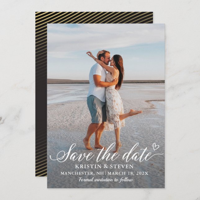 Modern Script Black Gold Photo Save The Date Card (Front/Back)
