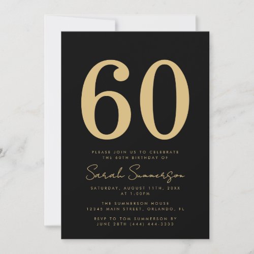 Modern Script Black Gold Sixty 60th Birthday Party
