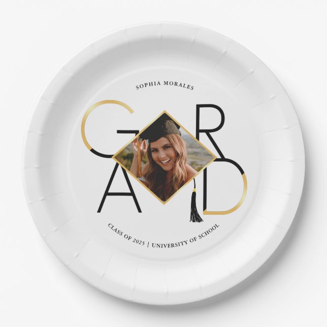 Modern Script Black & Gold Tassel Grad Photo Frame Paper Plates (Front)