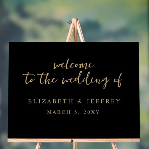 Modern Script Black Gold Wedding Welcome Sign