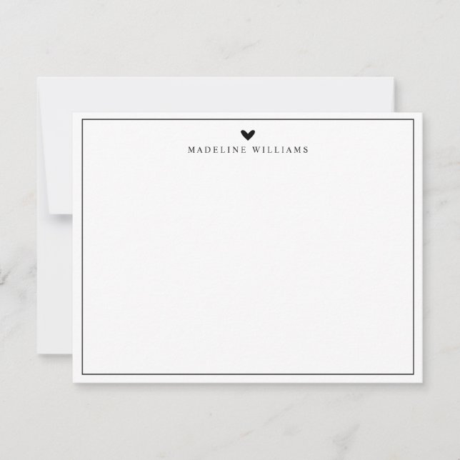 Modern Script Black Heart Border Monogram Note Card (Front)