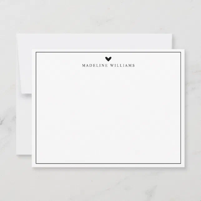 Modern Script Black Heart Border Monogram Note Card | Zazzle