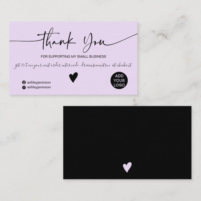 Modern script black lavender order thank you business card (Front/Back)