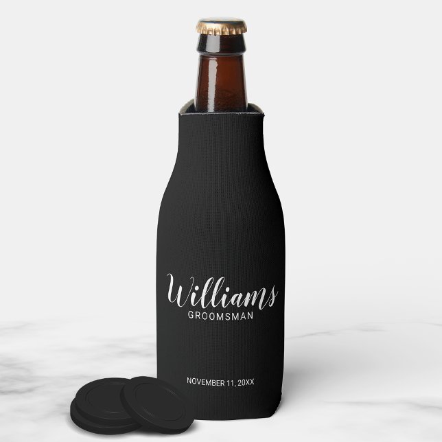 Modern Script Black Personalized Groomsmen Bottle Cooler (Creator Uploaded)
