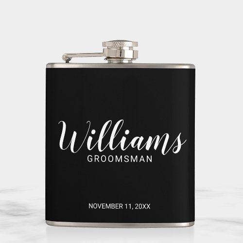 Modern Script Black Personalized Groomsmen Flask