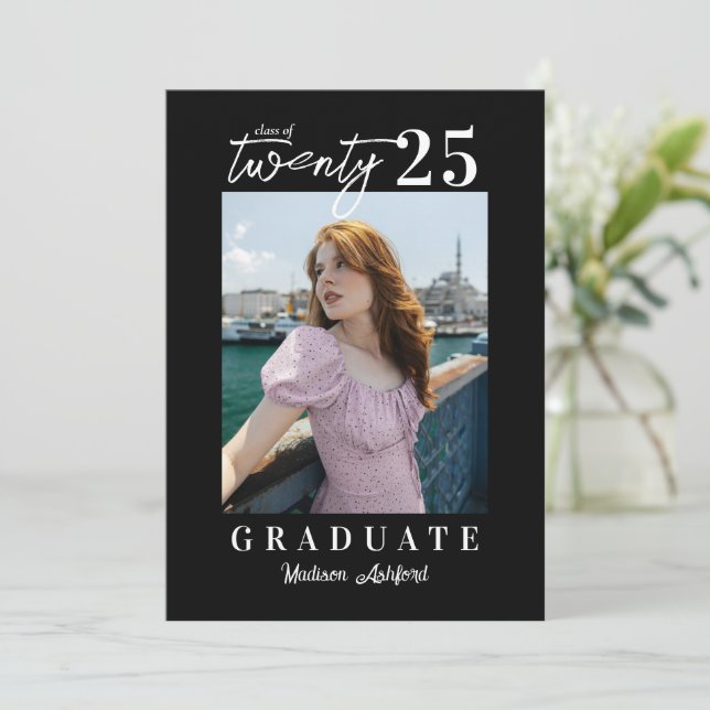 Modern Script Black Photo Graduation Party Invitation (Standing Front)