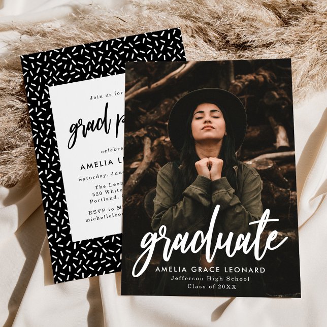 Modern Script Black Photo Graduation Party Invitation (Creator Uploaded)