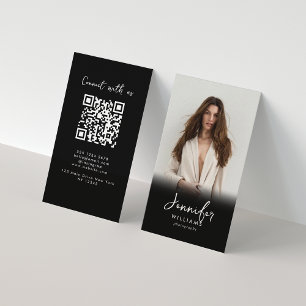 Modern Script Black Photo QR Code Photographer Business Card