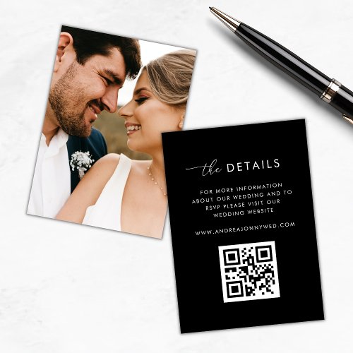 Modern Script Black Qr Code Photo Wedding Details Enclosure Card