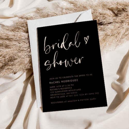 Modern Script Black Rose Gold Foil Bridal Shower  Foil Invitation