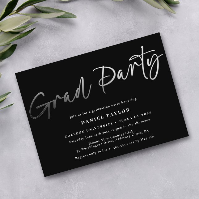 Modern Script Black Silver 2025 Graduation Party Foil Invitation (Creator Uploaded)