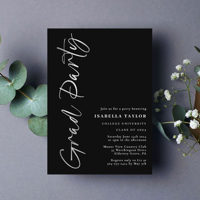 Modern Script Black Silver Graduation Party Foil Invitation (Creator Uploaded)