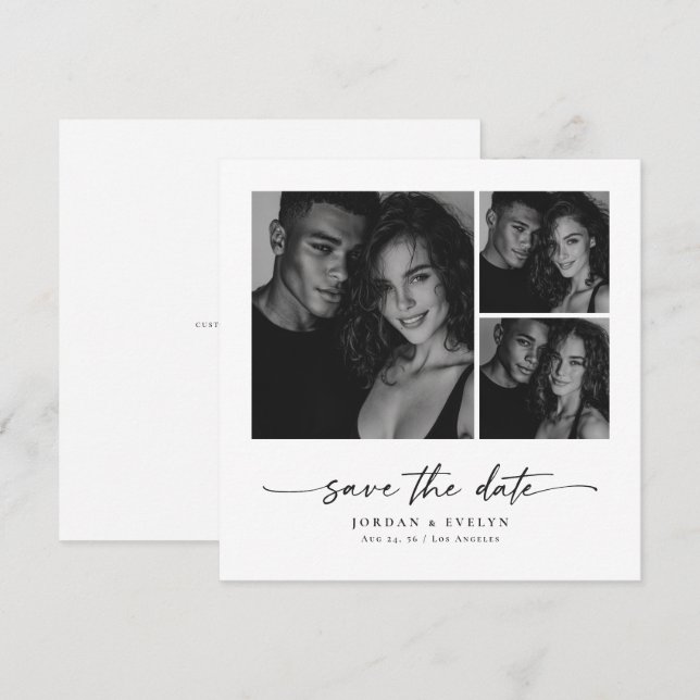 Modern Script Black & White 3 Photo Save the Date (Front/Back)