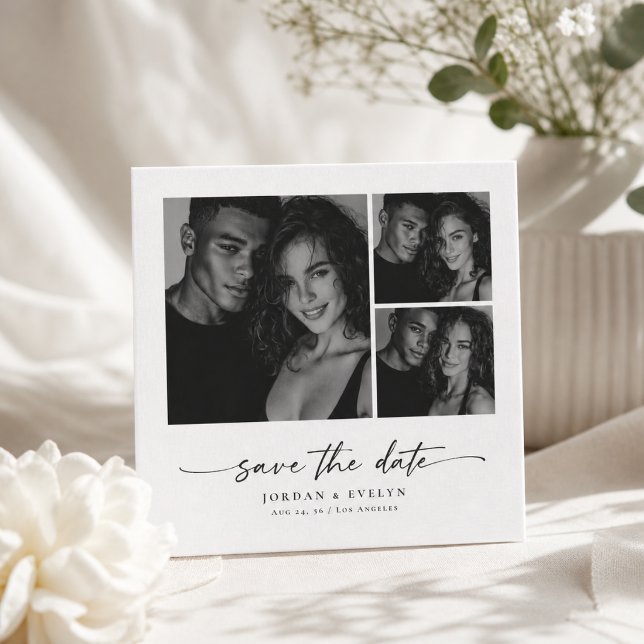 Modern Script Black & White 3 Photo Save the Date (Creator Uploaded)