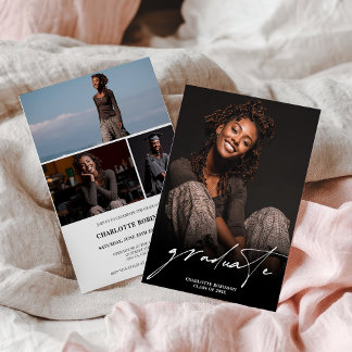 Modern Script Black White 4 Photo Graduation Invitation