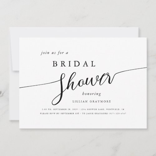 Modern Script Black  White Bridal Shower Invitation