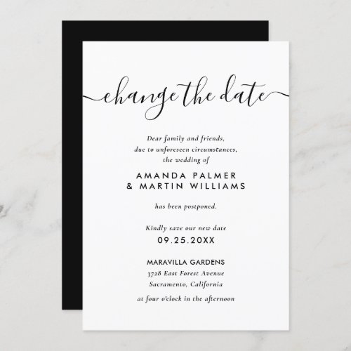 Modern Script Black White Change The Date Wedding Invitation