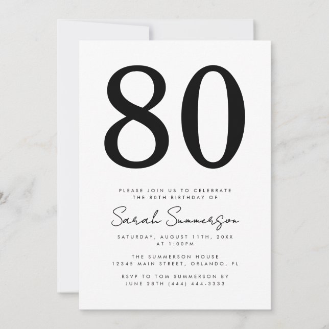 Modern Script Black White Eighty 80th Birthday Invitation (Front)